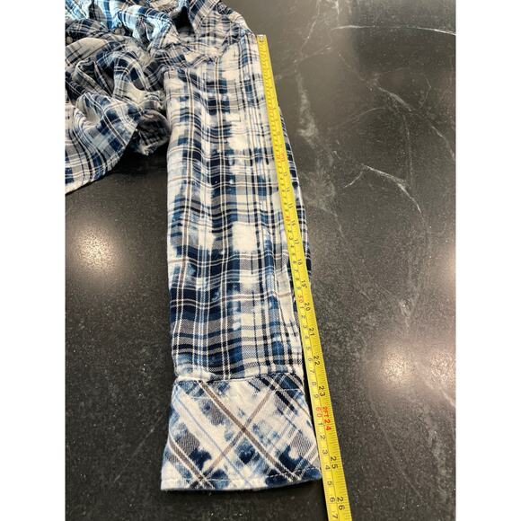 Buckle Pearl Snap navy plaid and bleach distressed Western Shirt LG 100% Cotton - Picture 8 of 9
